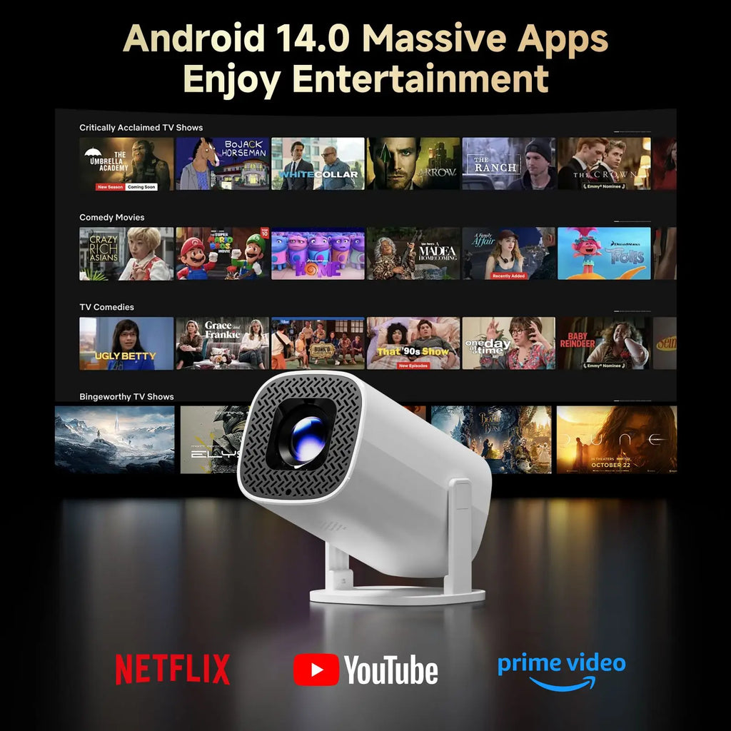 Smart Room Mini Projector Android 14 WiFi6 BT 5.0 Supports 4K 1280